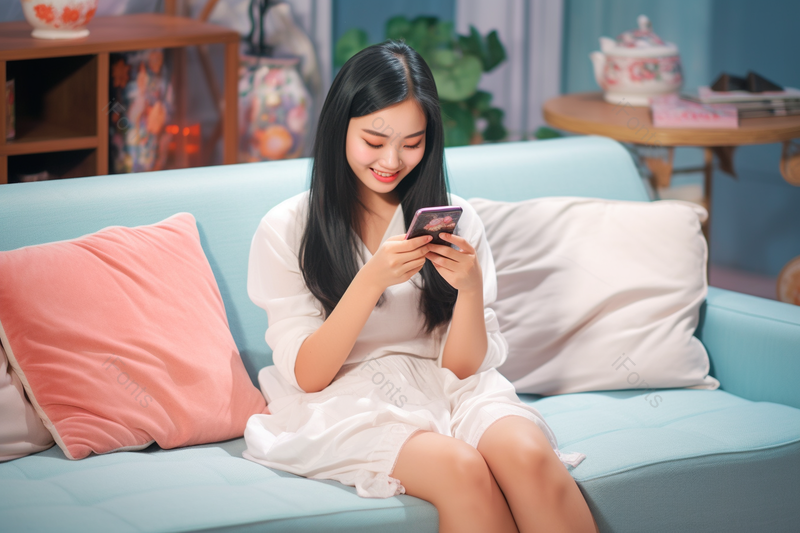 蓝色沙发上一位女性在沙发上看手机,高清,摄影图,摄影图片,图片大全,摄影图免费下载